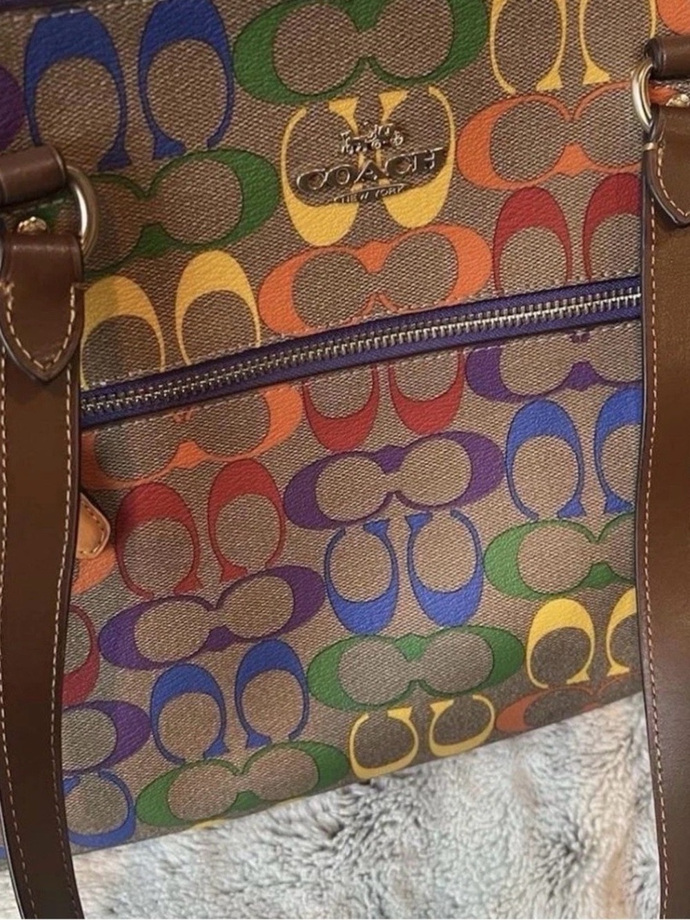 Coach Multicolor Signature Logo Canvas Tote with Brown Leather Trim